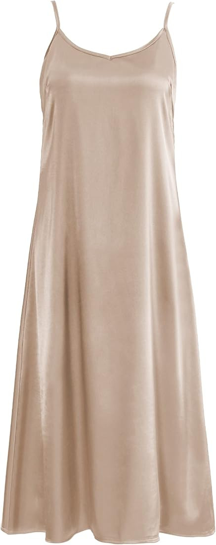 Xintianji Women's Basic Satin Silky Full Slip Midi Loose Dress with V-Neck Sexy Cami Adjustable S... | Amazon (US)