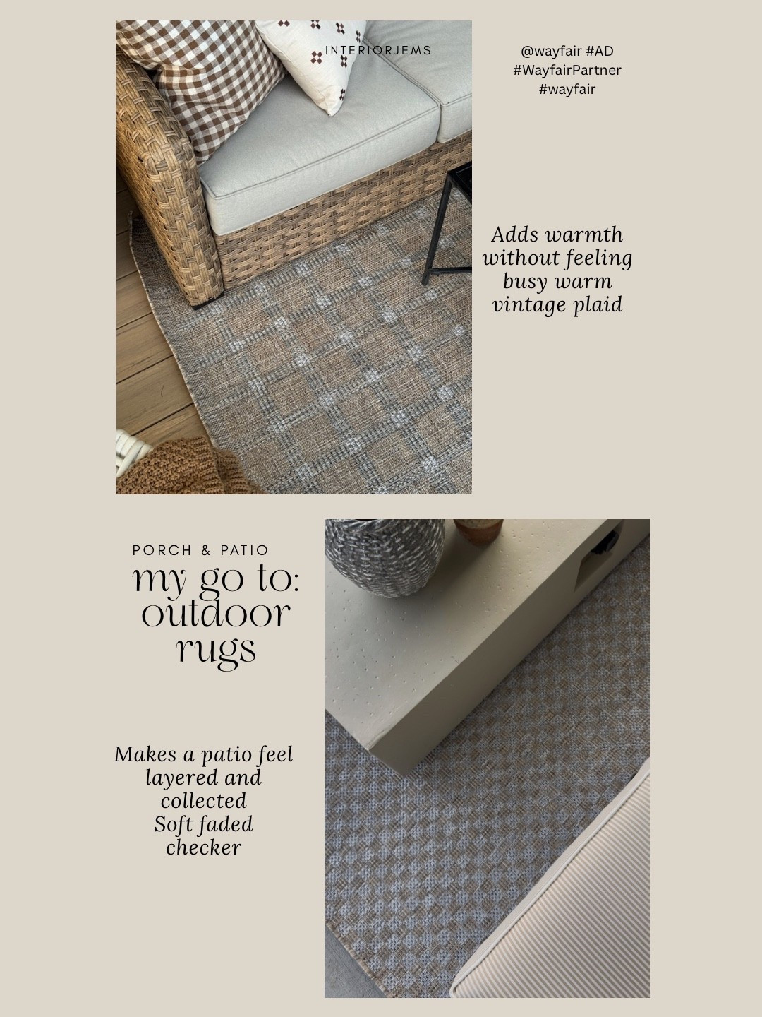 #AD I’ve shared outdoor rugs like these probably 1000 times at this point and I’ll honestly keep doing it because they make THAT much of a difference in a space. @wayfair always has some of my favorite neutral outdoor rugs that instantly make a patio feel warmer, more layered, and way more finished without having to replace all your furniture.

I especially love styles like these because they work with almost anything. The soft plaid adds texture and warmth without feeling too busy, and the faded checker pattern gives that collected, designer-inspired look that makes a patio feel more custom. They’re neutral, timeless, and easy to mix with pieces you already own which is probably why I keep gravitating back to them over and over again.

If your patio still feels like it’s missing something, it’s probably a rug. 🤍

#WayfairPartner #wayfair