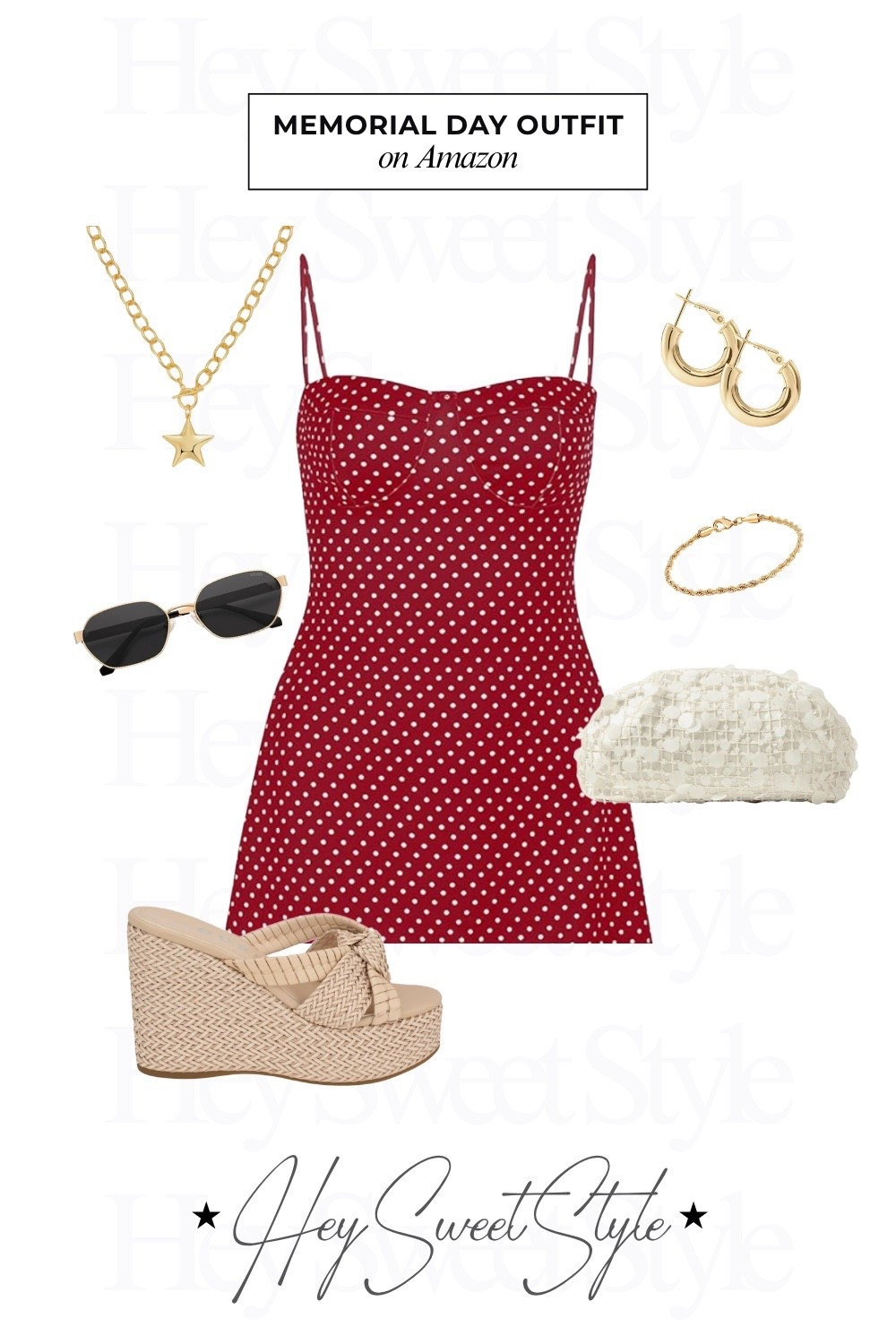 Polka dot dress + gold accessories ⭐️ | 12 Memorial Day Outfit Ideas on Amazon 🇺🇸