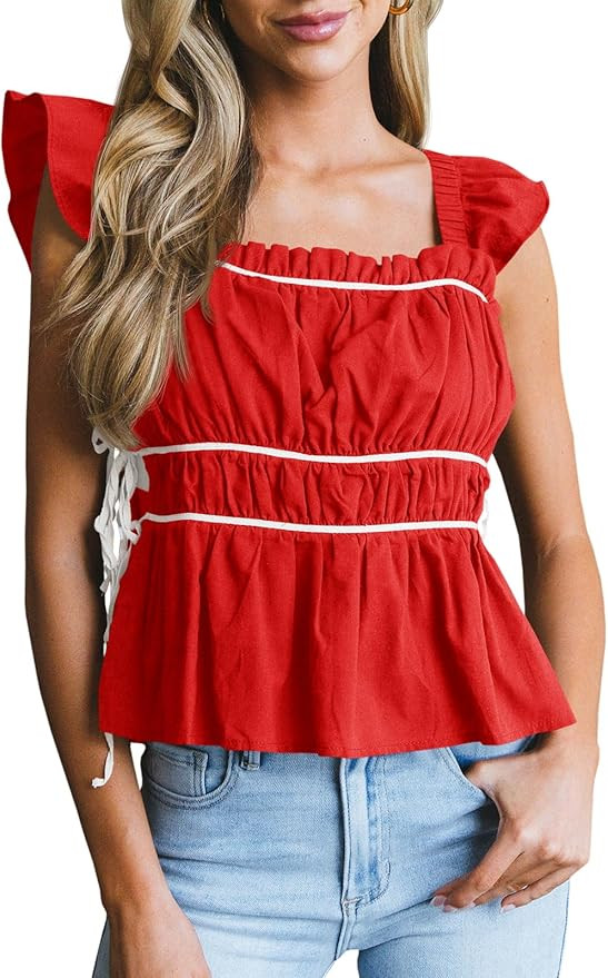 Tankaneo Womens Ruffle Sleeve Tank Tops Pleated Peplum Square Neck Crop Tops Flowy Side Tie Backl... | Amazon (US)
