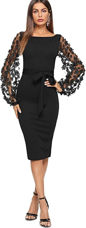 SheIn Women's Elegant Mesh Contrast Bishop Sleeve Bodycon Pencil Dress | Amazon (US)