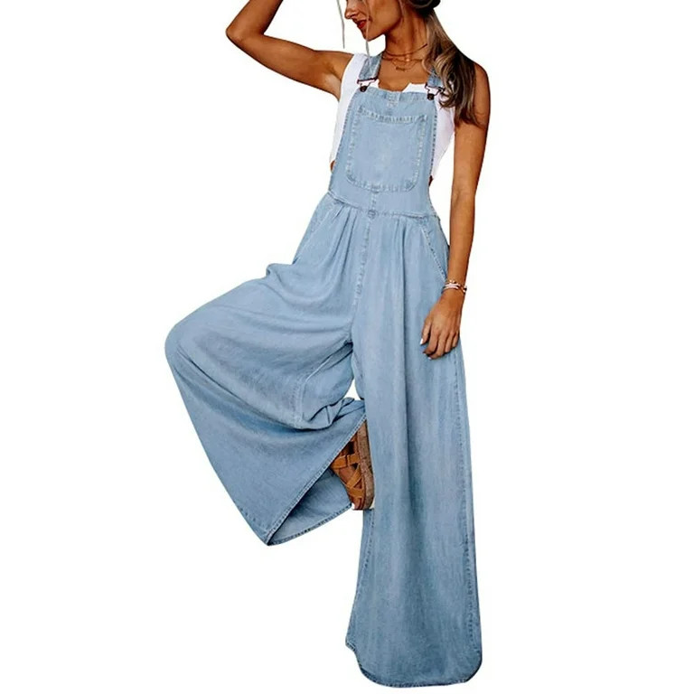 Chouyatou Women's Casual Loose Denim Overalls Adjustable Strap Wide Leg Bib Jean Overalls Jumpsui... | Walmart (US)