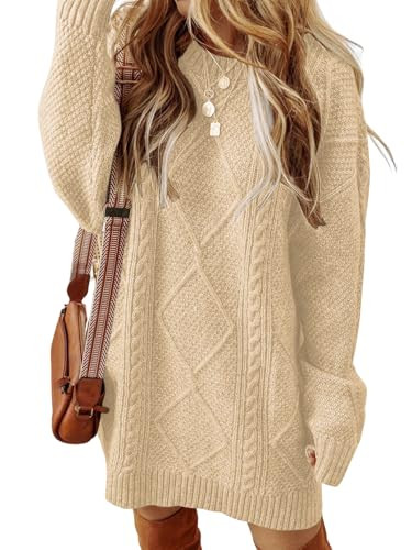 ZAFUL Women's Cable Knit Sweater Dress Long Sleeve Loose Crew Neck Pullover Tunic Mini Sweater Dr... | Amazon (US)