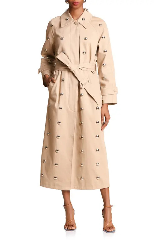 Avec Les Filles Stud Detail Cotton Blend Trench Coat in Khaki Studded at Nordstrom, Size Xx-Large | Nordstrom