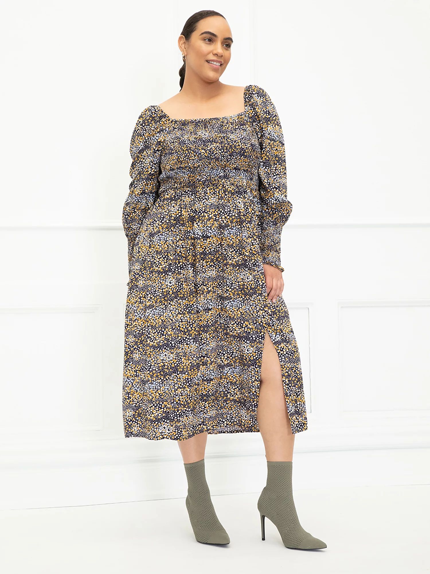 ELOQUII Elements Women's Plus Size Mixed Dot Print Midi Dress with Smocked Bodice | Walmart (US)