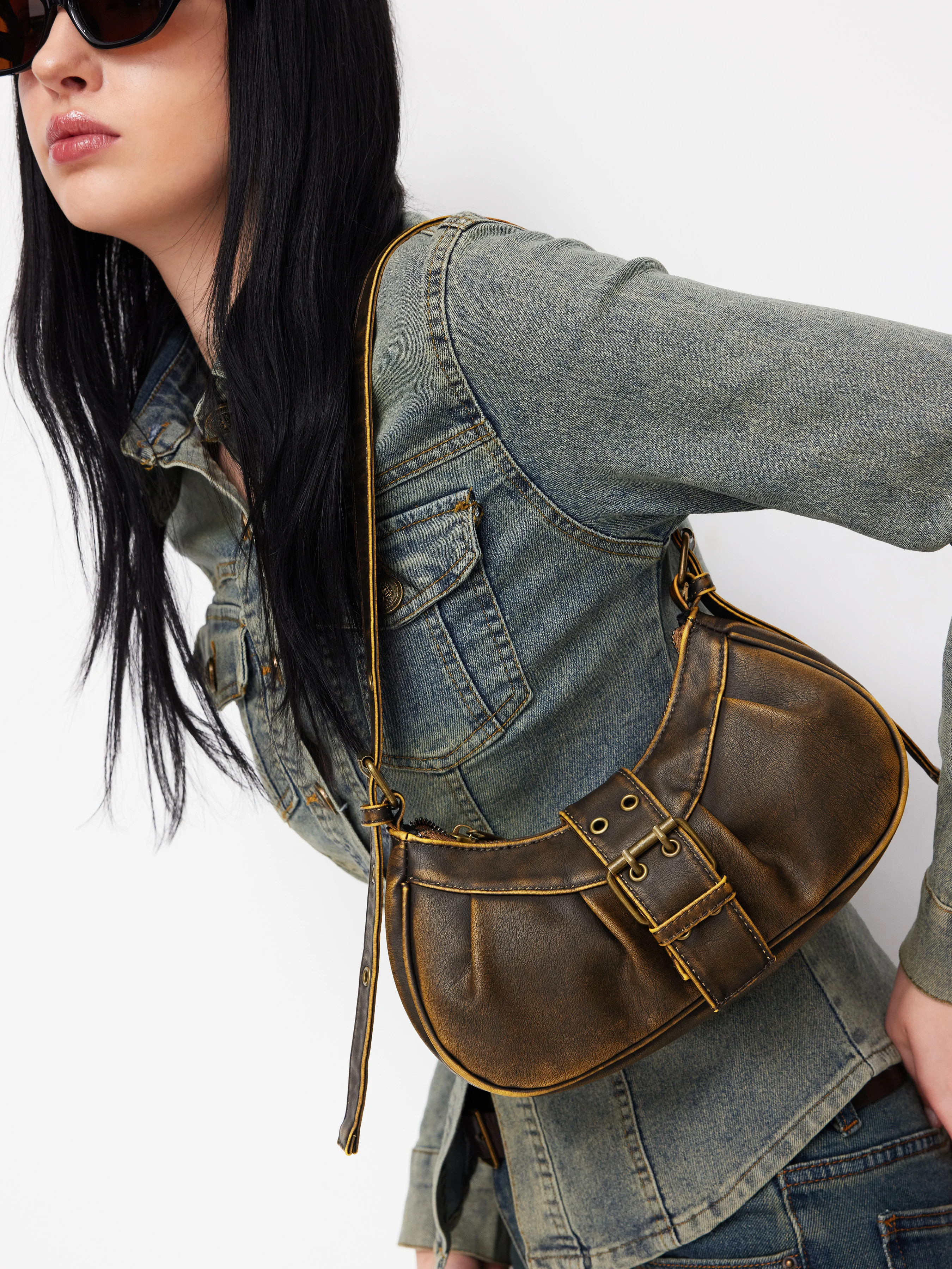 Faux Leather DISTRESSED BUCKLE SHOULDER BAG For Daily Casual | Cider