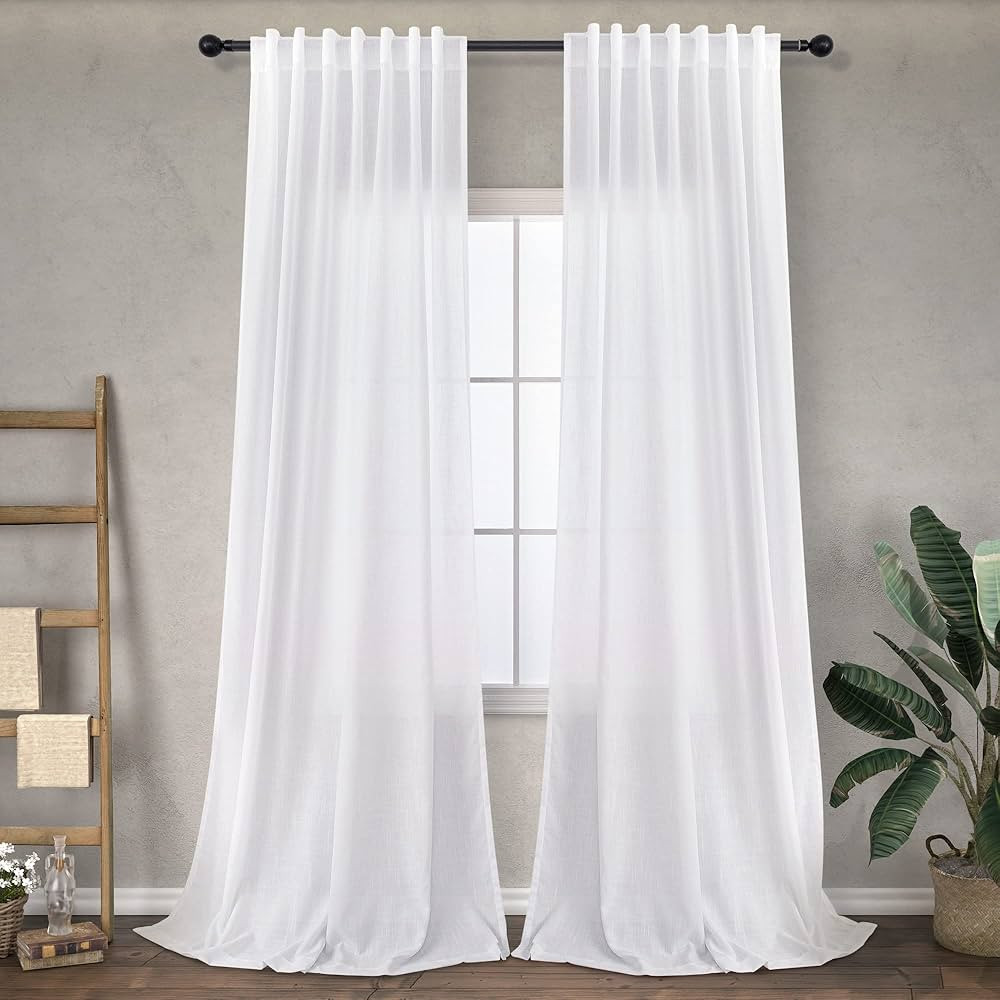 Simple White Linen Curtains 90 Inches Long for Living Room 2 Panels Back Tab Pocket Bohemian Semi... | Amazon (US)