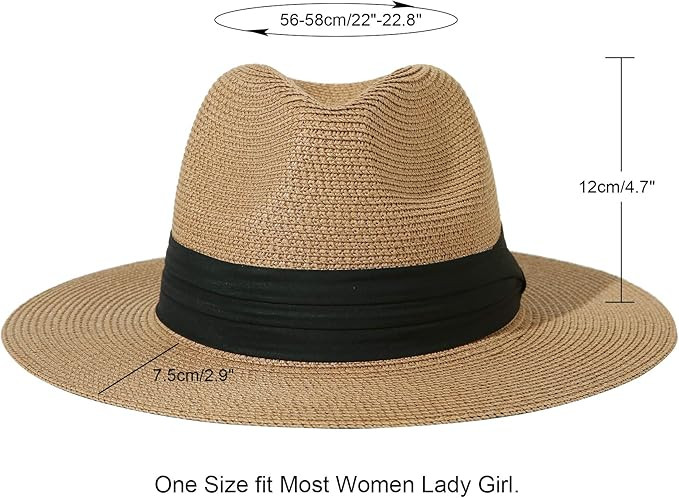 Lanzom Women Wide Brim Straw Panama Roll up Hat Fedora Beach Sun Hat UPF50+ | Amazon (US)