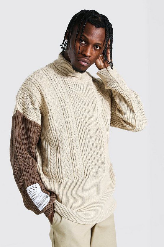 Man Roll Neck Cable Jumper With Woven Label | boohooMAN (DE, IE & UK)
