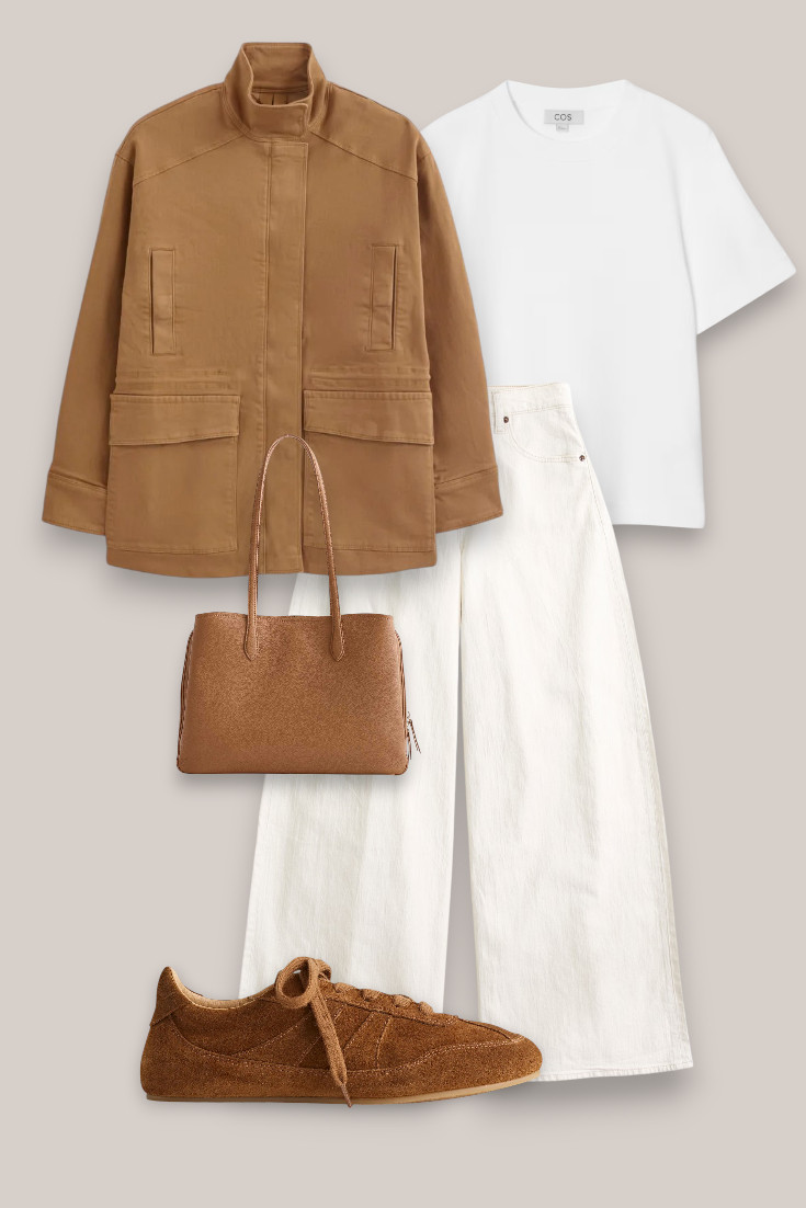 White jeans + tan jacket
Definitely not packing away the white jeans yet! 🤎 I love them for early fall with a simple white tee, tan utility jacket, suede sneakers and warm brown accessories. 

 #LTKautumn #LTKjeans #LTKstyletip