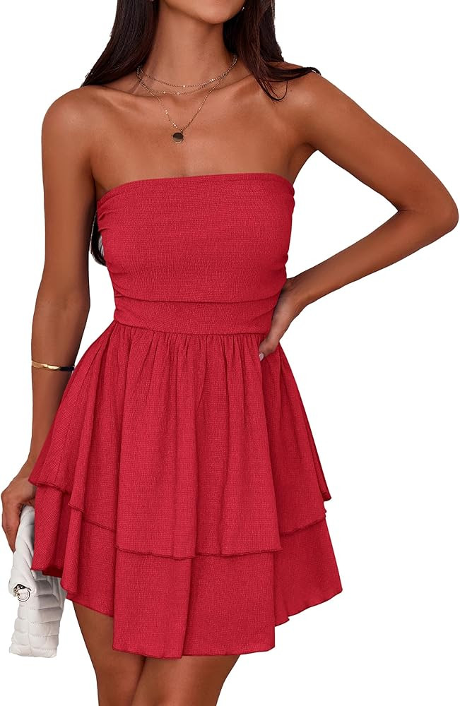 PRETTYGARDEN Women's 2025 Summer Strapless Tube Mini Dress Off Shoulder Smocked Ruffle A Line Flo... | Amazon (US)