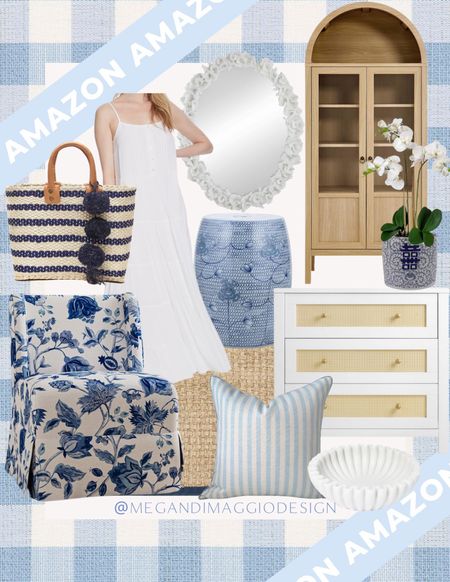 new coastal home finds from Amazon!! Love this new blue and white slipper chair and this white cane drawer dresser!! 😍 White maxi dress is beautiful, this Seagrass rug looks custom with its navy border and I just ordered this new $40 gingar jar!!

#LTKSaleAlert #LTKFindsUnder50 #LTKHome