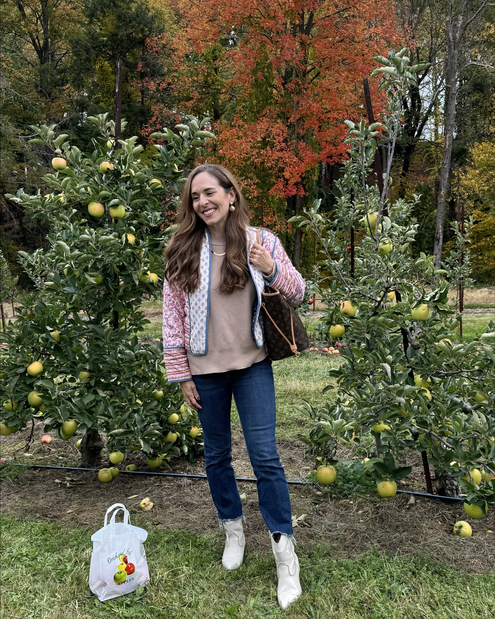 Apple picking on a moody fall day 🍎🍂🍁😍 wearing my quilted patchwork jacket (for a touch of color and cottage core) with my raw hem flared jeans and the perfect fall sweater that’s still on sale! As I had just flown back from Texas I wore my cowboy boots too. 

#LTKFindsUnder50 #LTKSeasonal #LTKStyleTip