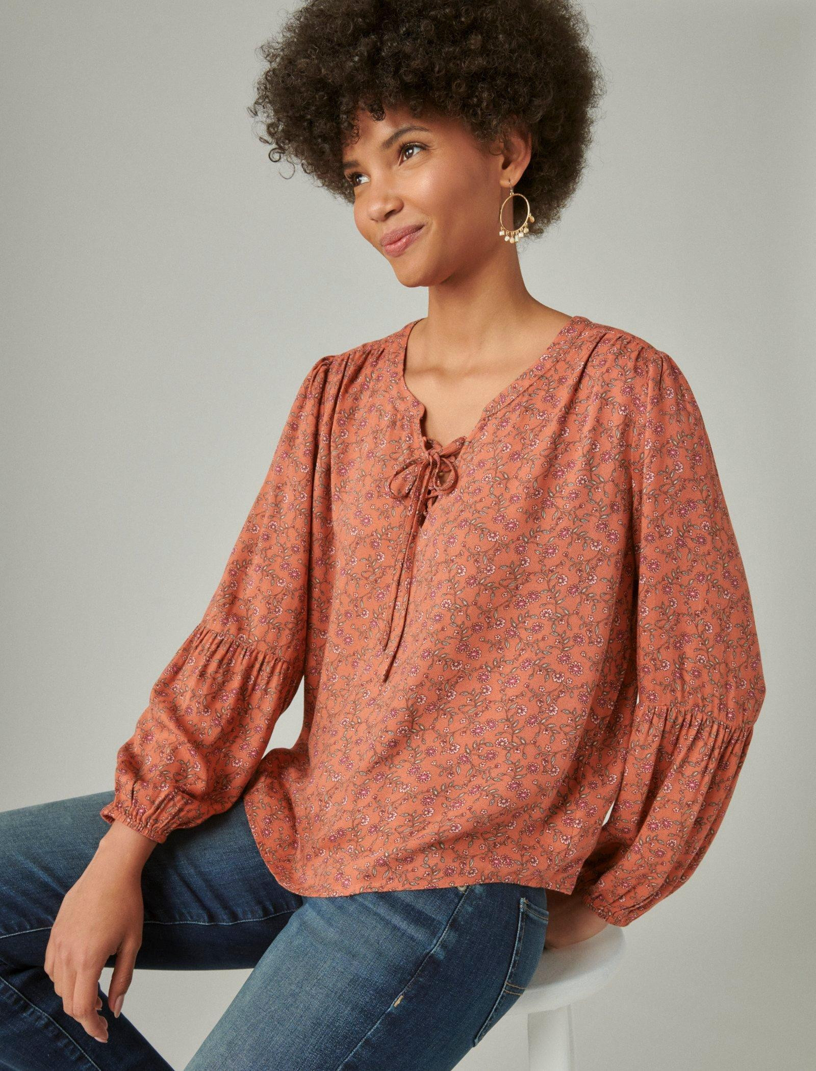 Lucky Brand Women's Long Sleeve Printed Lace Up Blouse | Shop Simon