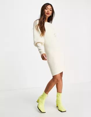 French Connection Joss puff sleeve knitted dress in ecru | ASOS (Global)