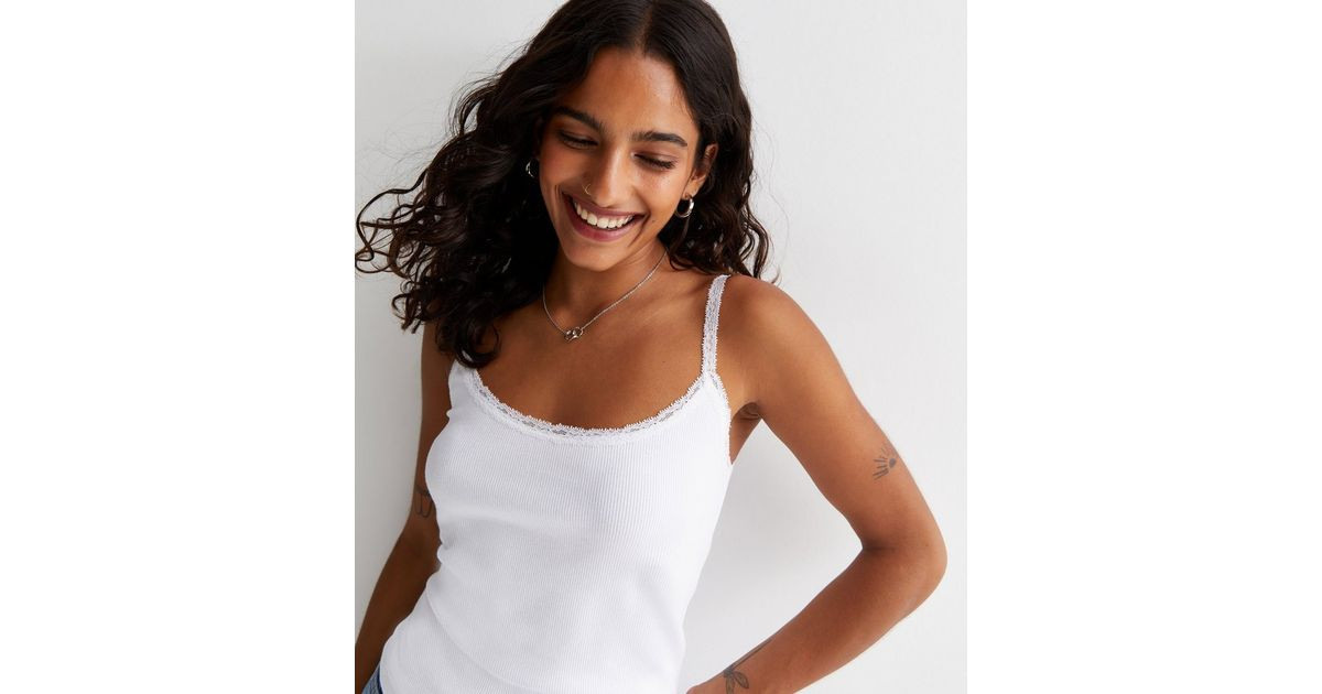 Petite White Ribbed Lace Trim Vest | New Look | New Look (UK)