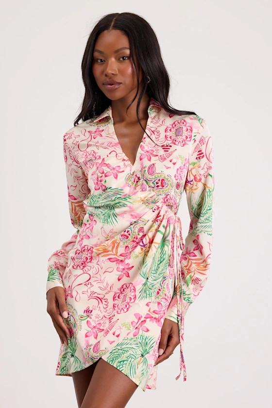 Darine Ivory Multi Boho Print Wrap Mini Dress | Summer Dresses For Beach Trips | Lulus