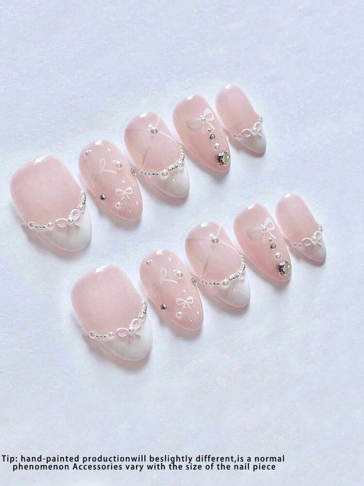 10Pcs Pure Handmade Nail Art, Short Almond Shaped Nails, White Pink Cute Nails, Bow Pearl Design Nails, Heart Diamond Sweet Nails, Elegant And Simple Four Seasons Nails, Simple Nail Art, Party Date Nails, Sweet Nails, Detachable And Reusable, Daily Nail Art. Press On Nails Nail Supplies Nails | SHEIN