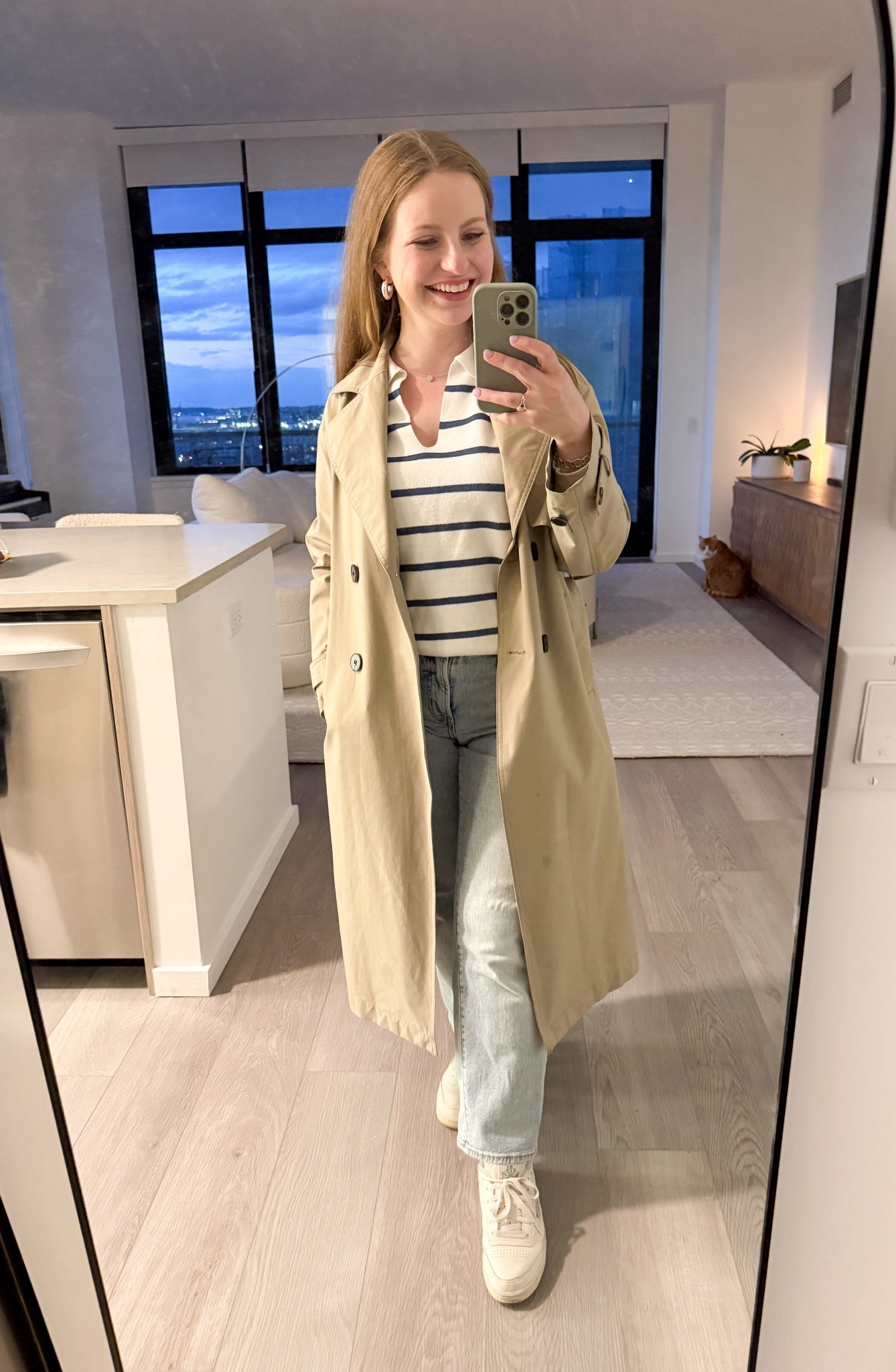 Rainy casual Sunday night in NYC 🌧️ Zara trench coat, striped polo sweater and OG Wide jeans from Old Navy. 

#LTKdayinmylife #LTKSeasonal #LTKootd