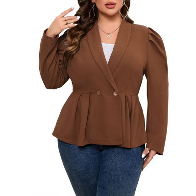 Coolmee Womens Plus Size Blazers Casual Business Knit Blazer for Work Long Puff Sleeve Lapel Blazer Suit Jackets 4XL Brown | Target