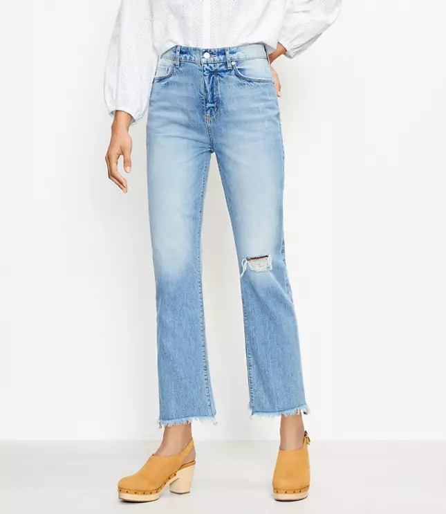 Frayed High Rise Straight Crop Jeans in Staple Dark Indigo Wash | LOFT
