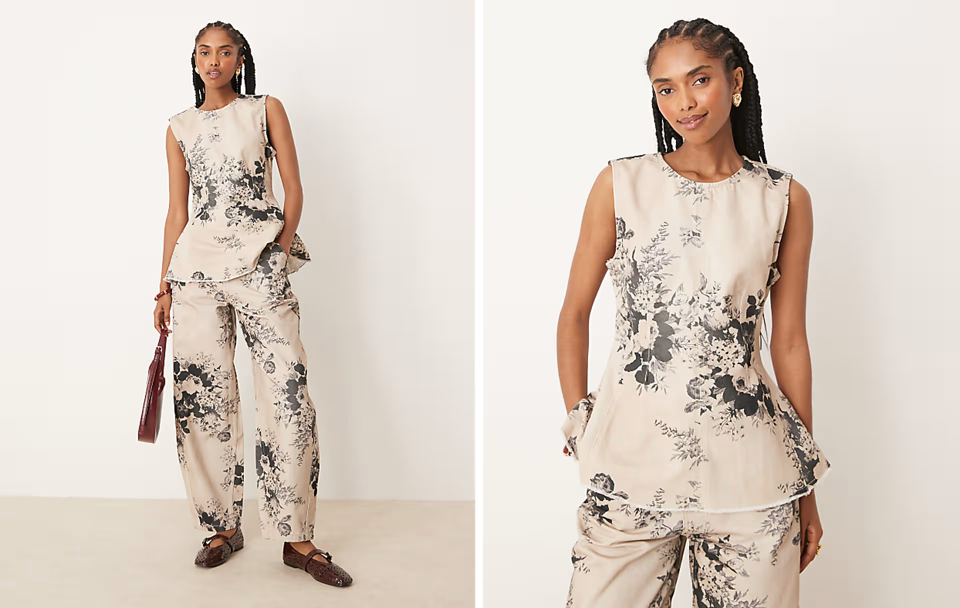 ASOS DESIGN barrel leg pants in taupe floral print | ASOS (Global)