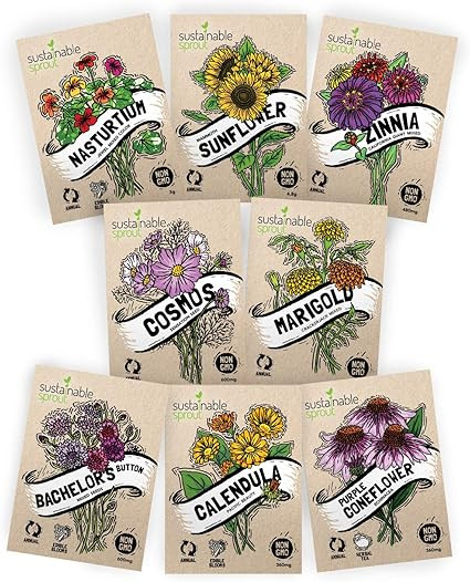 Flower Seeds Variety Pack - 100% Non GMO - Zinnia, Cosmos, Sunflower, Bachelor Button, Calendula,... | Amazon (US)