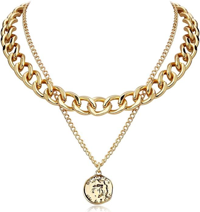FAMARINE Gold Choker Layered Necklace for Women 4MM, Fashion Geometric Pandent 2 Layered Necklace... | Amazon (CA)
