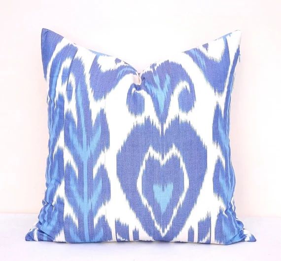 Blue ikat pillow, Ikat cushion, Designer ikat pillow, Decorative throw pillow, Blue cotton ikat pill | Etsy (US)