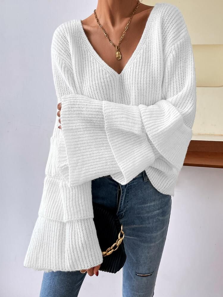 Ruffle Trim Trumpet Sleeve Ribbed Knit Sweater | SHEIN