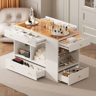 White 33.40 in. H Closet Island with 6-Drawers, Glass Display Top, Open Shelves and Compartments | The Home Depot