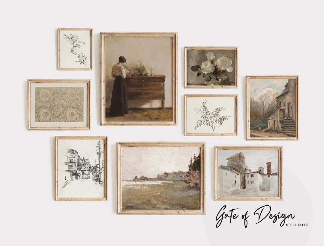 French Prints Set European Vintage Muted Wall Art Prints Antique Paintings and Sketches Rustic Fa... | Etsy (US)