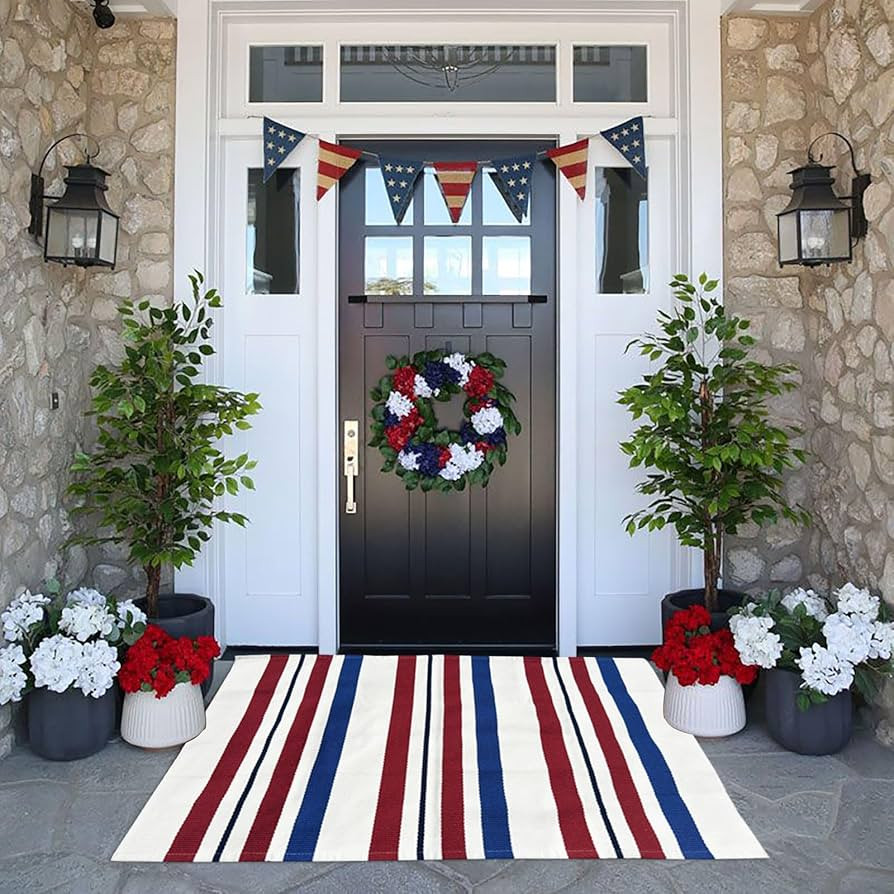 Amazon.com: Blue/White/Red Striped Rug 4th of July Door Mat 27.5'' x 43'' Summer Front Porch Rug Independence Day Welcome Doormats for Farmhouse Entrance Porch Outdoors Decor (Blue/red/White, 27.5'' x 43'') : Home & Kitchen | Amazon (US)