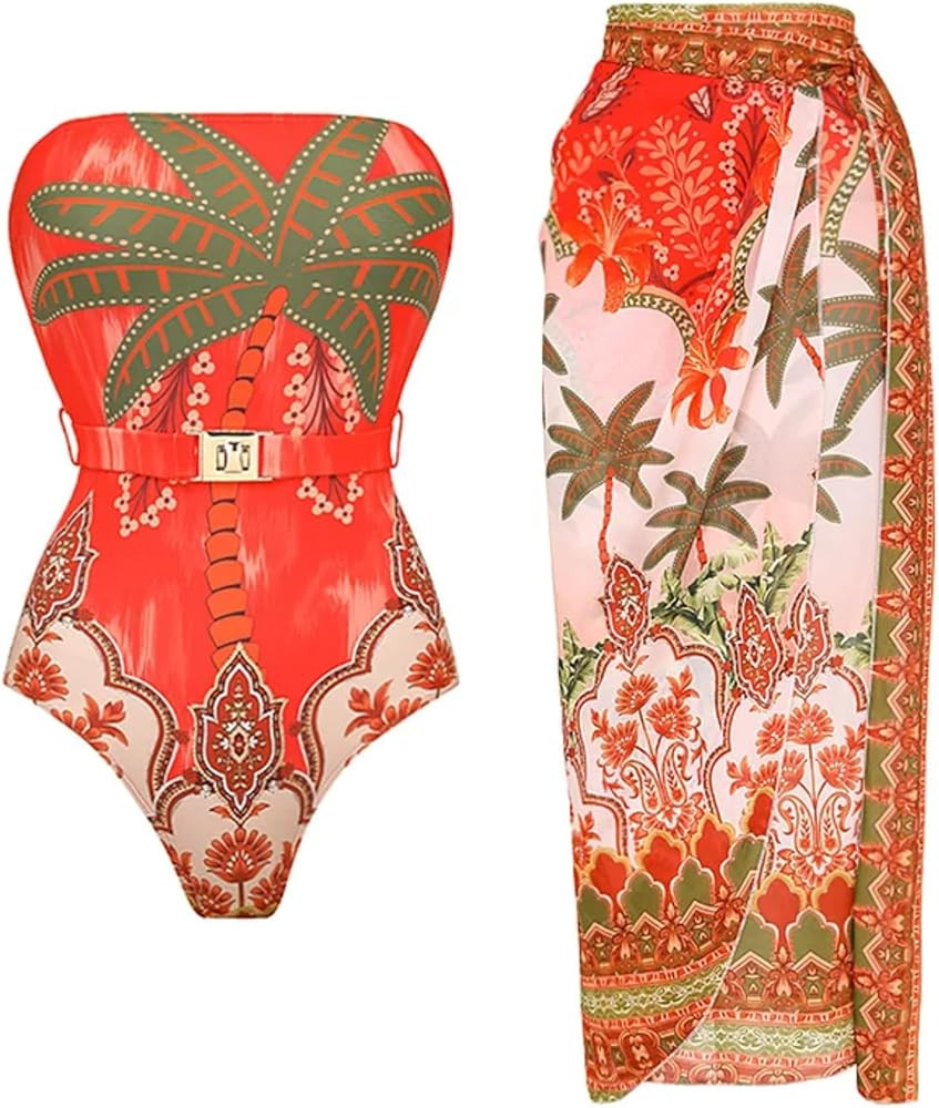 FLAXMAKER Strapless Swimsuit Lace Up Adjustable Animal Botanical Print Swimsuit and Skirt/Sarong | Amazon (US)