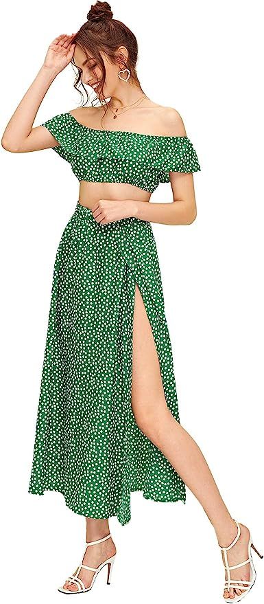 Floerns Women's Two Piece Outfit Floral Crop Top and Split Long Skirt Set | Amazon (US)