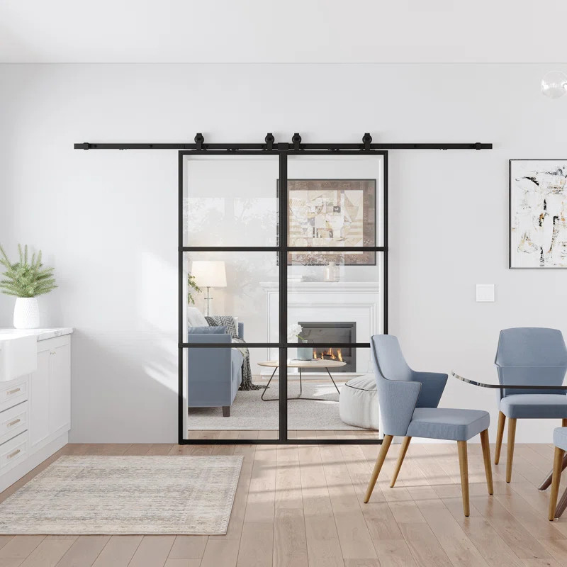 Metal and Glass Sliding Double Barn Door with Installation Hardware Kit (Soft-close Included) | Wayfair North America
