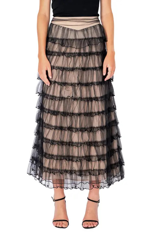 Endless Rose Tiered Tulle Midi Skirt in Black/Nude at Nordstrom, Size Small | Nordstrom