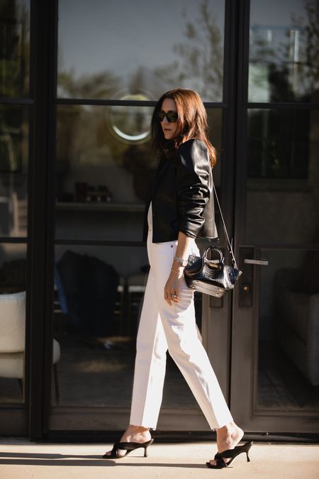 Minimal business casual outfit to recreate. Cropped blazer, white jeans, black sandals 

#LTKsalealert #LTKstyletip #LTKshoecrush