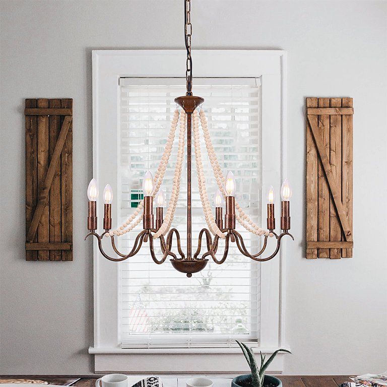 Tochic 8 Light Modern Farmhouse Chandelier with Wood Bead 28'' Rustic Candle Style Pendant Light ... | Walmart (US)