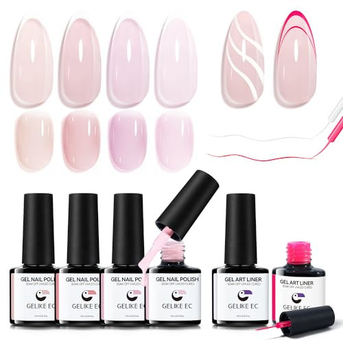 gelike ec Sheer Nude Gel Polish Set- Jelly Light Pink Nail Polish with Gel Liner, Neutral Color Jelly Nail Polish Soak Off UV Nails for Nail Art French Manicure at Home 7ML 6PCS | Amazon (US)