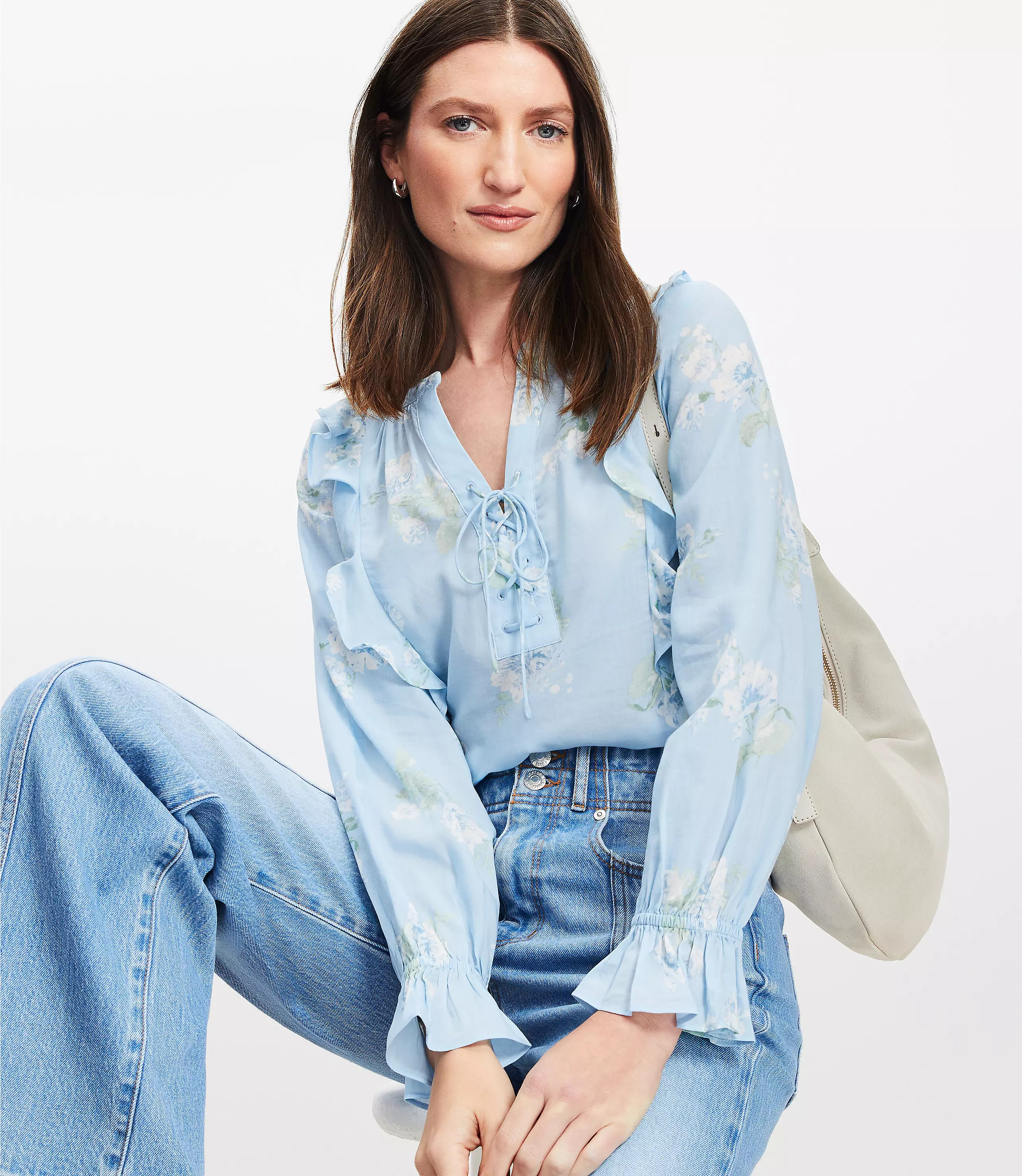 Floral Lace Up Ruffle Blouse | LOFT