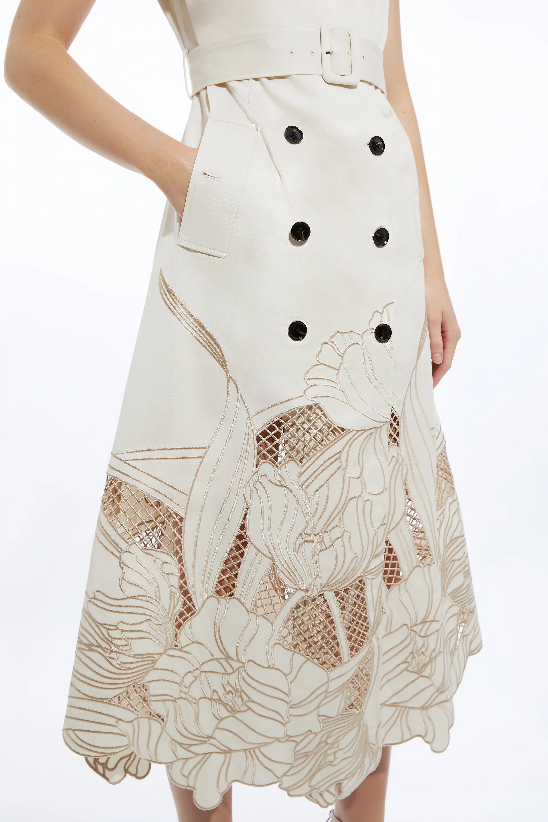 Tailored Cotton Cutwork Embroidered Belted Trench Style Midaxi Dress | Karen Millen US