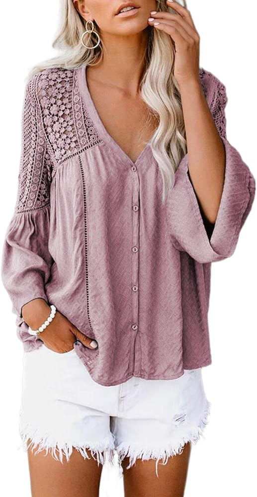 Aleumdr Women's Lace Crochet V Neck 3/4 Sleeve Button Down Blouses Casual Shirts Tops | Amazon (US)