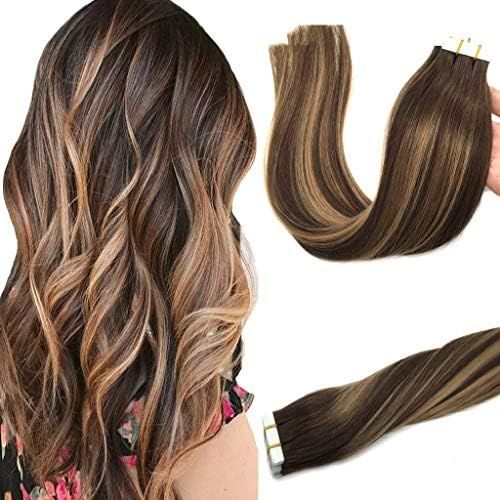 GOO GOO 20pcs 50g Human Hair Extensions Tape in Ombre Chocolate Brown to Caramel Blonde Natural H... | Amazon (US)