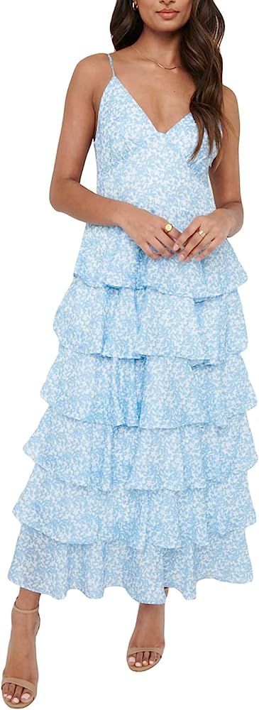 Sexy Women's Floral Cake Dress Sleeveless Ruffle Tiered V-Neck Summer Cami Maxi Dress Beach Party... | Amazon (US)