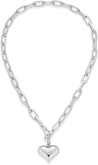 Heart Chunky Chain Necklace for Women Puffy Heart Charm Pendant Necklaces Holiday Fashion Jewelry | Amazon (US)