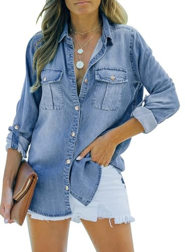 Sidefeel Women's Denim Top Long Sleeve Jean Shirt Button Down Denim Shirt Small Beau Blue | Amazon (US)