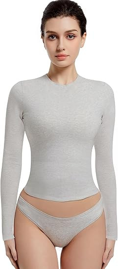 Long Sleeve Shirts for Women Crewneck Basic Tees T Shirts Fitted Crop Tops Y2k Going Out Tops | Amazon (US)