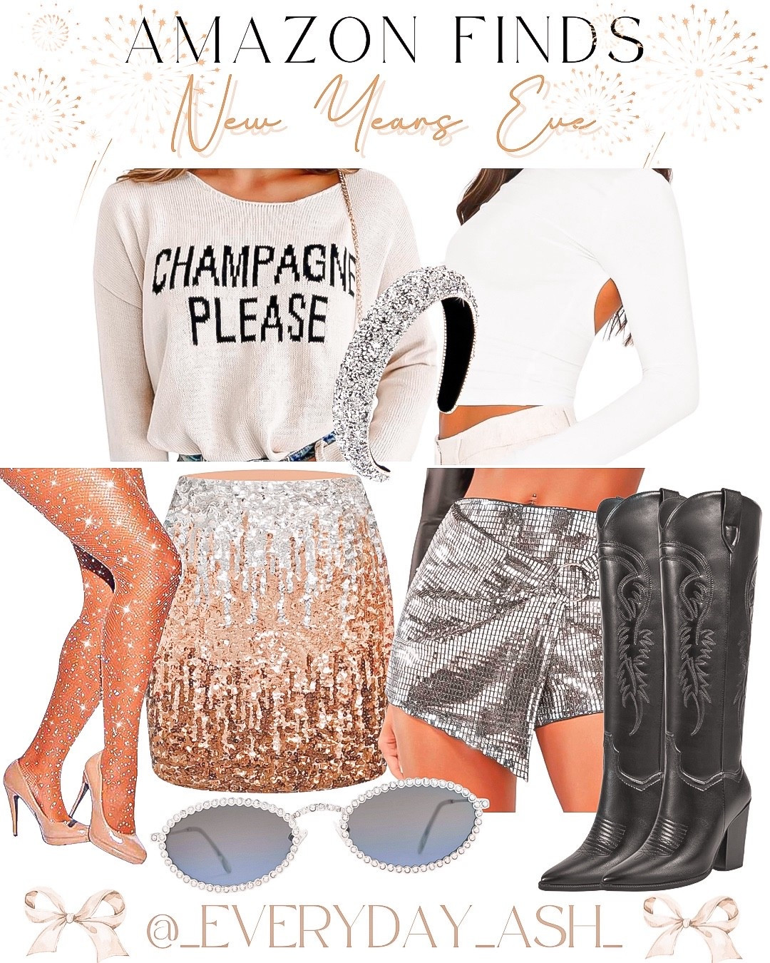 Amazon // NYE outfits 🎉

Champagne please sweater, white long sleeve, sparkle skirt, sparkle shorts, western boots , black boots, sunglasses, sparkle tights 

#LTKootd #LTKHoliday #LTKGiftGuide