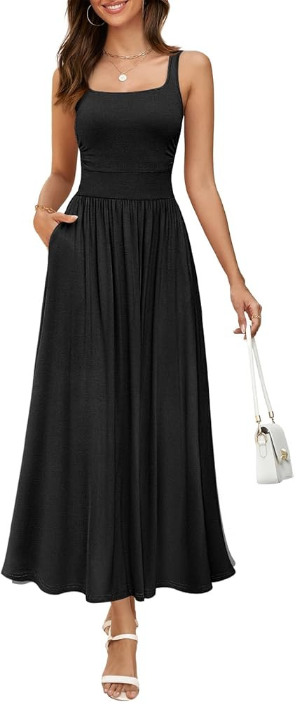MEROKEETY Women's 2025 Summer Sleeveless Tank Dress Casual Square Neck Flowy Maxi Sundress with P... | Amazon (US)